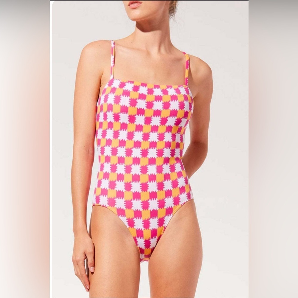 Solid & Striped The Gemma Knit One Piece Check Pink Orange Women’s Medium Swim